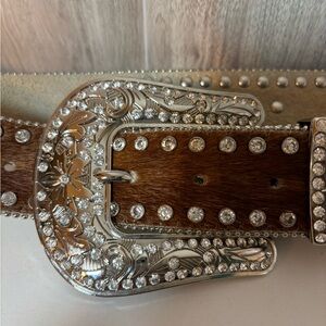 Nocona Genuine Leather Calf Hair on Hide Rhinestone Belt Rodeo Western Bling